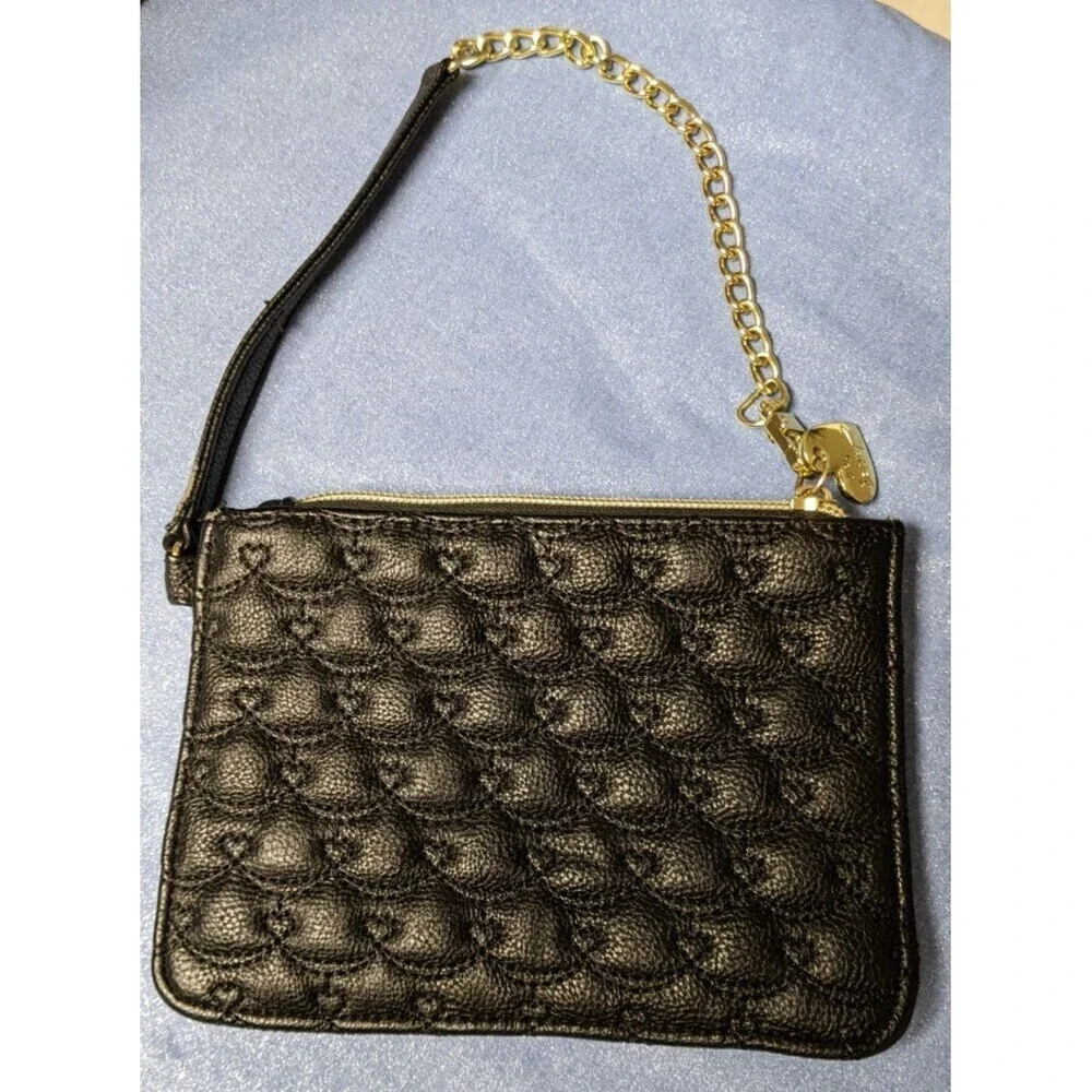 Betsey Johnson Black Quilted Faux Leather Heart Design Clutch Gold Hardware